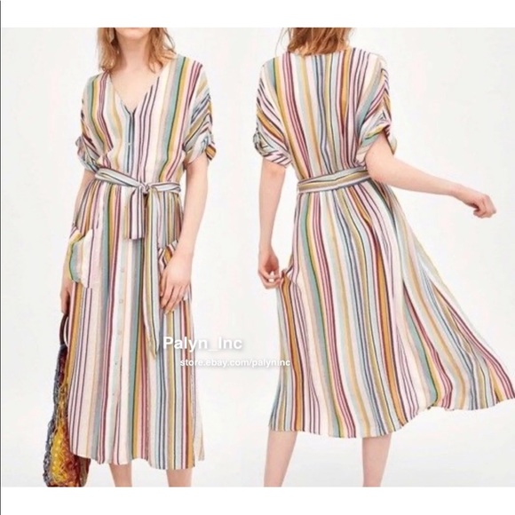 (Sold out)ZARA STRIPED MIDI DRESS BUTTON-UP LINEN 2751/030 - Picture 1 of 9
